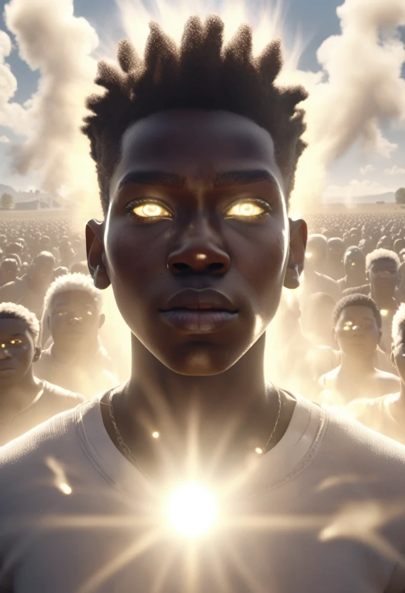 Aerial view shot of large crowd of black people with glowing white eyes looking up at the viewer, eyes shining bright white light, standing in an empty area with ethereal smoke covering the farm, white sun in background shining a light providing a white and light yellow colour grading, 32k, ultra HD, unreal engine rendered, cinematic lighting