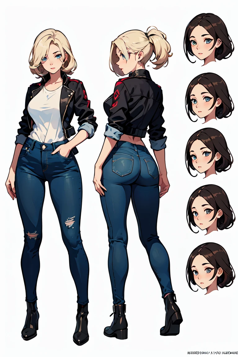 ((masterpiece)), (((best quality))), (character design sheet, same character full body, front, side, back), (((beautiful eyes)))illustration, 1 girl, solo girl, stunning facial features, uniform hair color, hairstyle, costume, jacket, tight jeans, thick thighs, character design, realistic modern clothes (simple background, white background: 1.3)