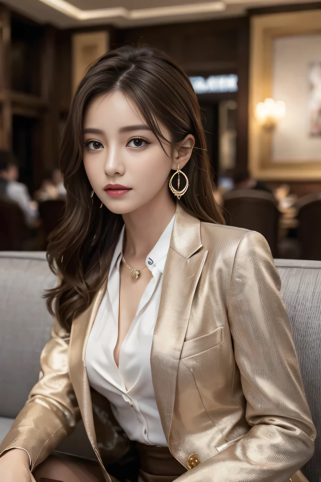 masterpiece, Highest quality, Realistic, Very detailed, Finer details, High resolution, 8k wallpaper, One beautiful woman, Wear a nice suit, In a great restaurant, At night, Light brown messy hair, Perfect dynamic composition, Beautiful and beautiful eyes、Big earrings、Sit on the sofa、