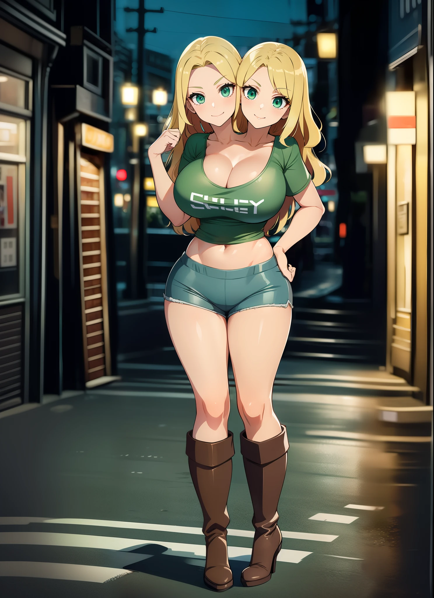 best quality, (masterpiece),(ultra-detailed), (high quality), (high resolution), (2heads:1.5) Gal, blond long hair, wavy hair, large breasts, thighs, cleavage, blue shorts, (full body ,best quality:1.5, highres, UHD, 4K), city street background, smiling, ((light green t shirt)), green eyes, ((night city street background)), brown boots, ((full body)), sexy pose,((strong and seductive expressions))