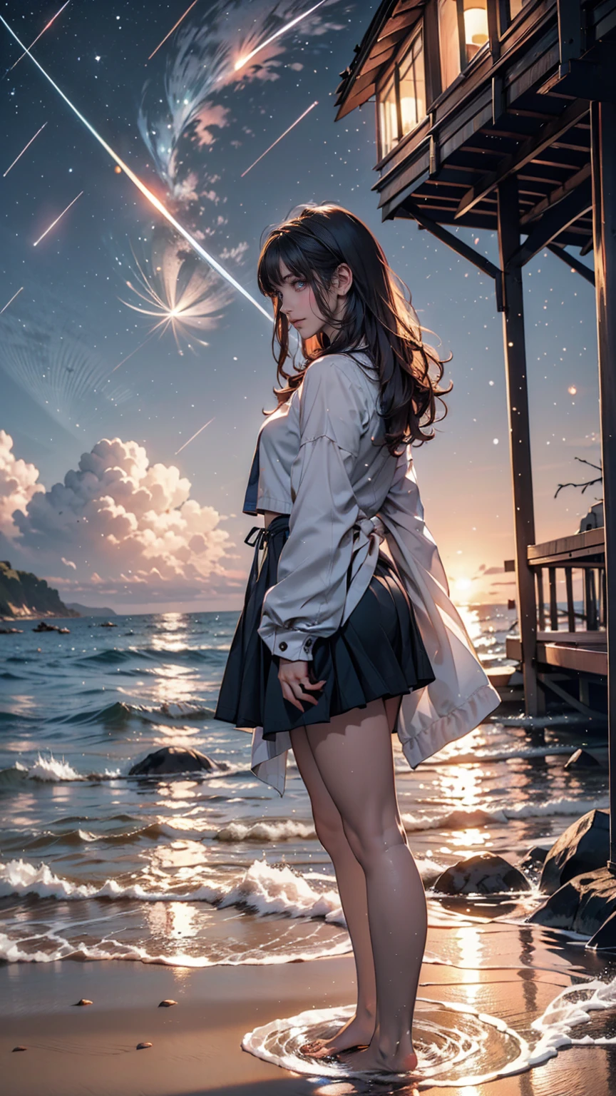 ((masterpiece, Highest quality)), At night, Light clothing, girl, Put one foot in the sea using only your toes, girl standing, girl sideways, girl between the horizon and the sea, Side view, Ripples spread from my toes, The scene is about 20 metres away., On the Sea, At night, the whole scene is shining, There is a meteor shower