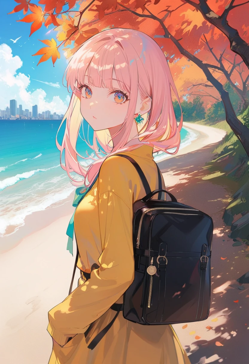 masterpiece,((Clear lines)), Limited color palette,best quality, Flat Color, Low contrast, ((1 Girl)),(((Very beautiful girl))),(Beautiful and delicate face),(Beautiful and delicate eyes),{Long hair},Hair accessories,((Medium Breast)),黑色Long hair,Headband,Uniforms , permanent,((Looking at the audience:1.6)), Watch from below,Beautiful and detailed sky,Bright sky,partly cloudy,Sunlight, (详细light),light,rich and colorful,ocean,beach, bridge,The way to school,Skyscraper, autumn, haze