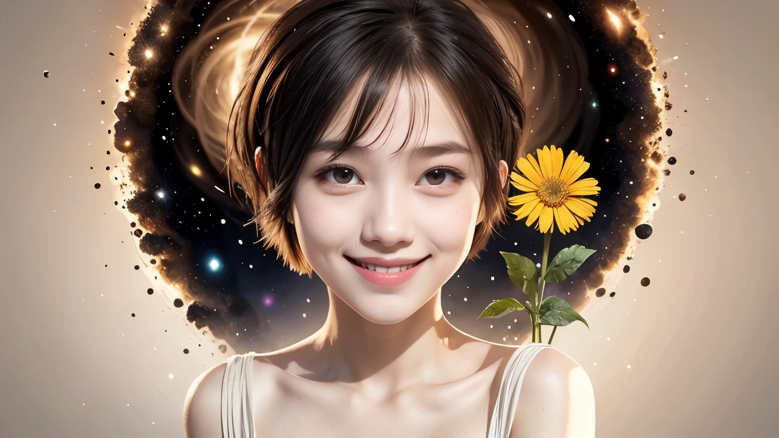 258 19-year-old female, (short hair),(Abstract background,universe), smile, flower