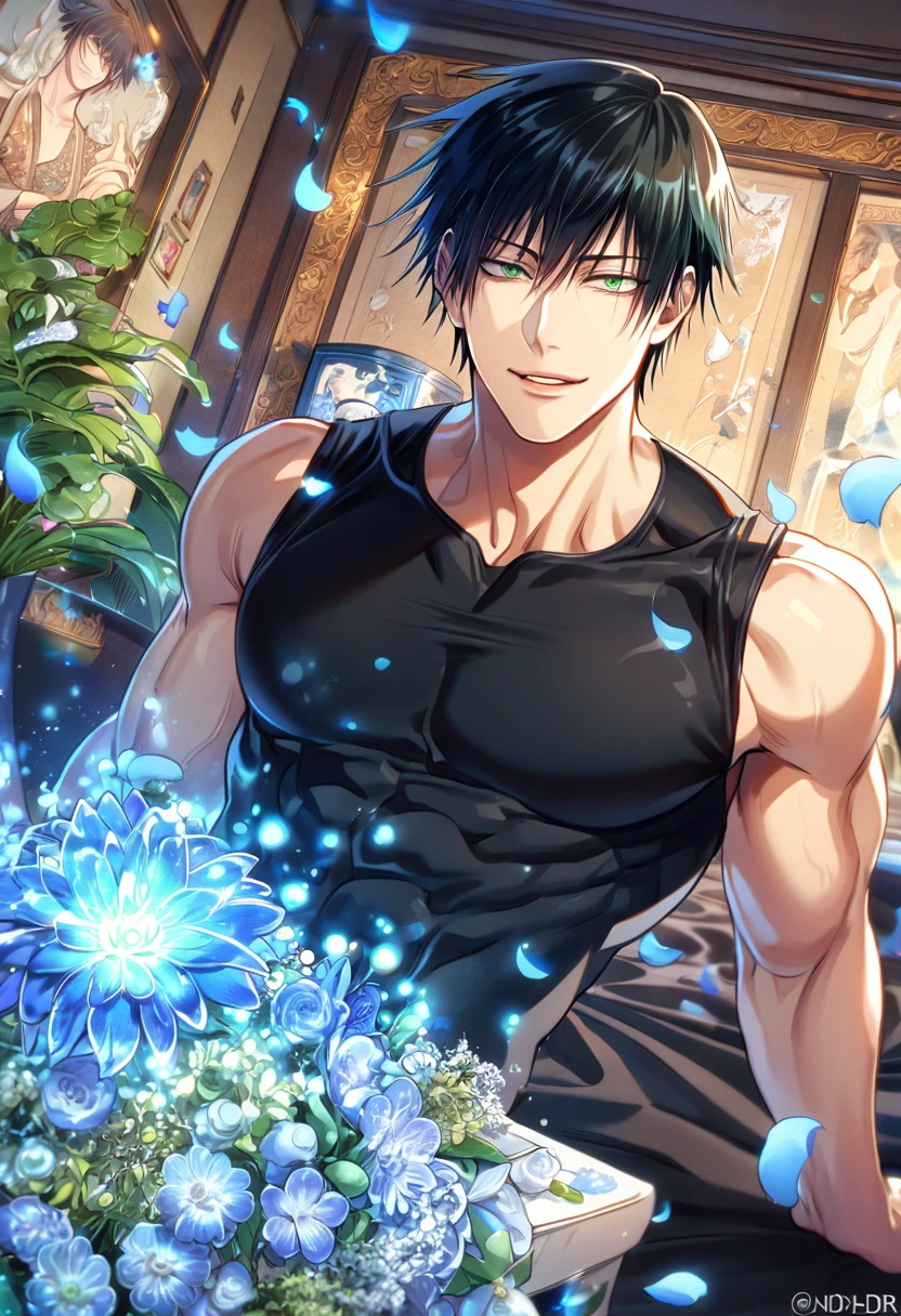 absurdres, highres, ultra detailed, HDR, master piece, Fushiguro Touji, black hair, expressive green eyes, black tight shirt, toned chest, Jujutsu Kaisen, sexy man, room, handsome, best quality, flowers, fantasy, magical, solo, blue shining fireflies, blue petals, sensual, handsome smile