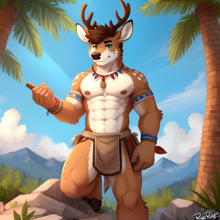 (masterpiece, Best Quality:1.2), Alone, putting one foot on an object, proud gesture, deer, detailed face, detailed body, 5 fingers, Detailed hands, strong abs, pair of nipples, defined pectorals, green eyes, detailed eyes, short hair same coat color, 2 arms, homosexual, crotch bulge, tribal clothing, loincloth, underwear , por pache riggs