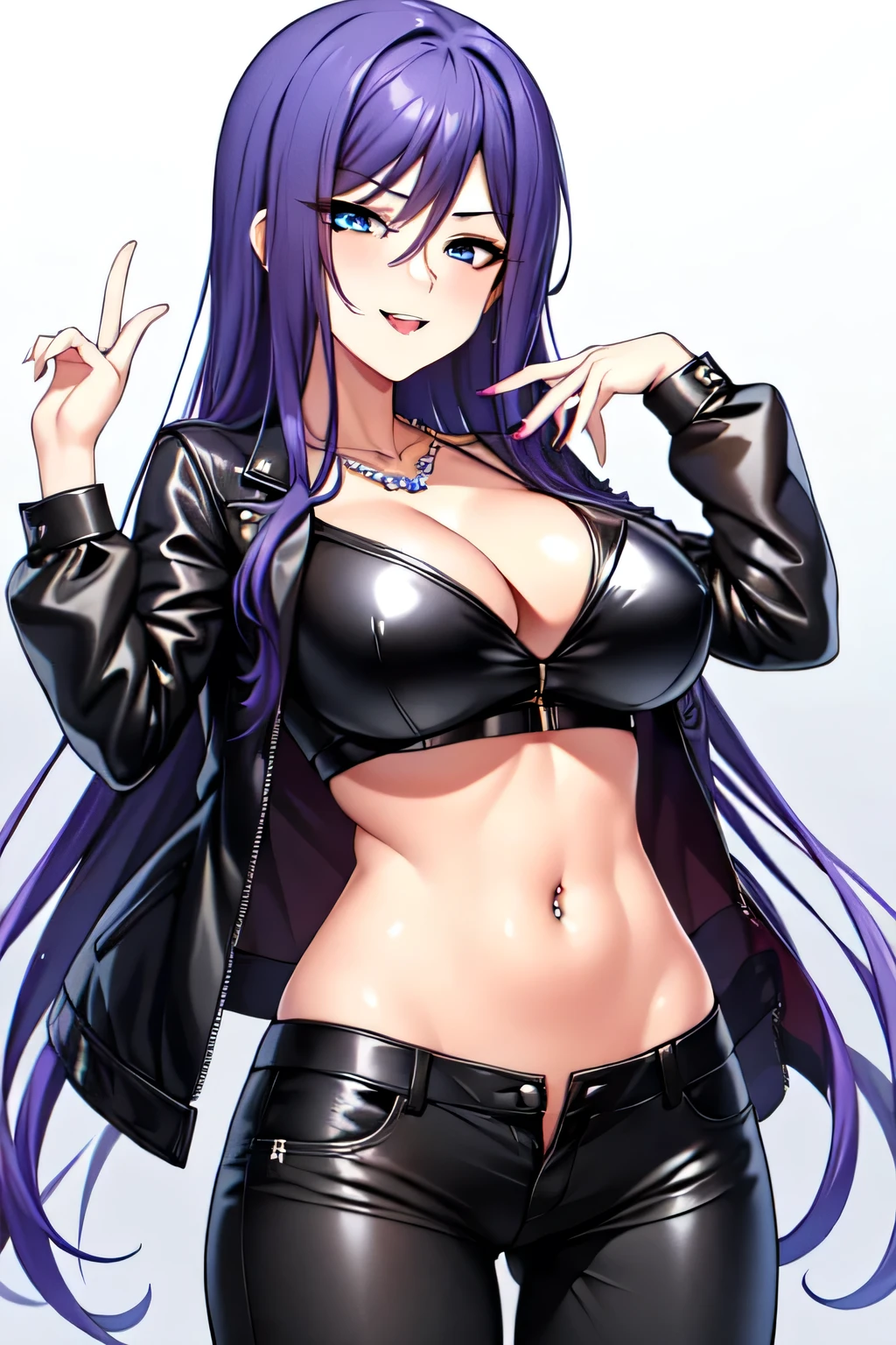 jewelry,gem, necklace, 
blue eyes, purple hair,long hair,Bangs,
long hair, lipstick, smile, Hot girl, baddie, staring, glaring, bad attitude, mean girl, dare, angry, hate, crazy, smoking, sensual, attractive, masterpiece, best quality, highly detailed, a girls with a gun, evil smile , open mouth, sexy gaze, badass
pose , evil smile, smile, (nsfw) not safe for work, guns blazing, anime girl with long hair, beautiful long
haired girl, navel, evil expression, exposed belly, exposed navel, exposed midriff, exposed lower belly,
long black pants, crop top, cleavage, unbuttoned leather pants ,open fly, low rise black leather pants,
leather jacket, holding a gun, holding pistol, navel piercing