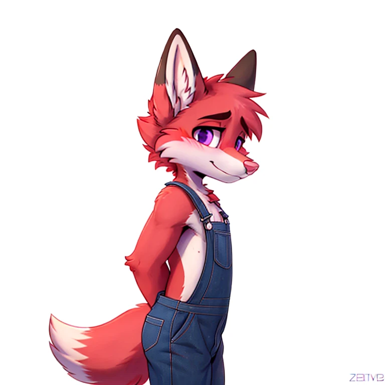 Anthropomorphic male crimson fox, with purple eyes, pink nose, horns, black hears, wearing light yellow overalls, pink shirt, solo, blushed, face looking away, side view, shy face, full body view, white background, one hand on his back, very shy pose,