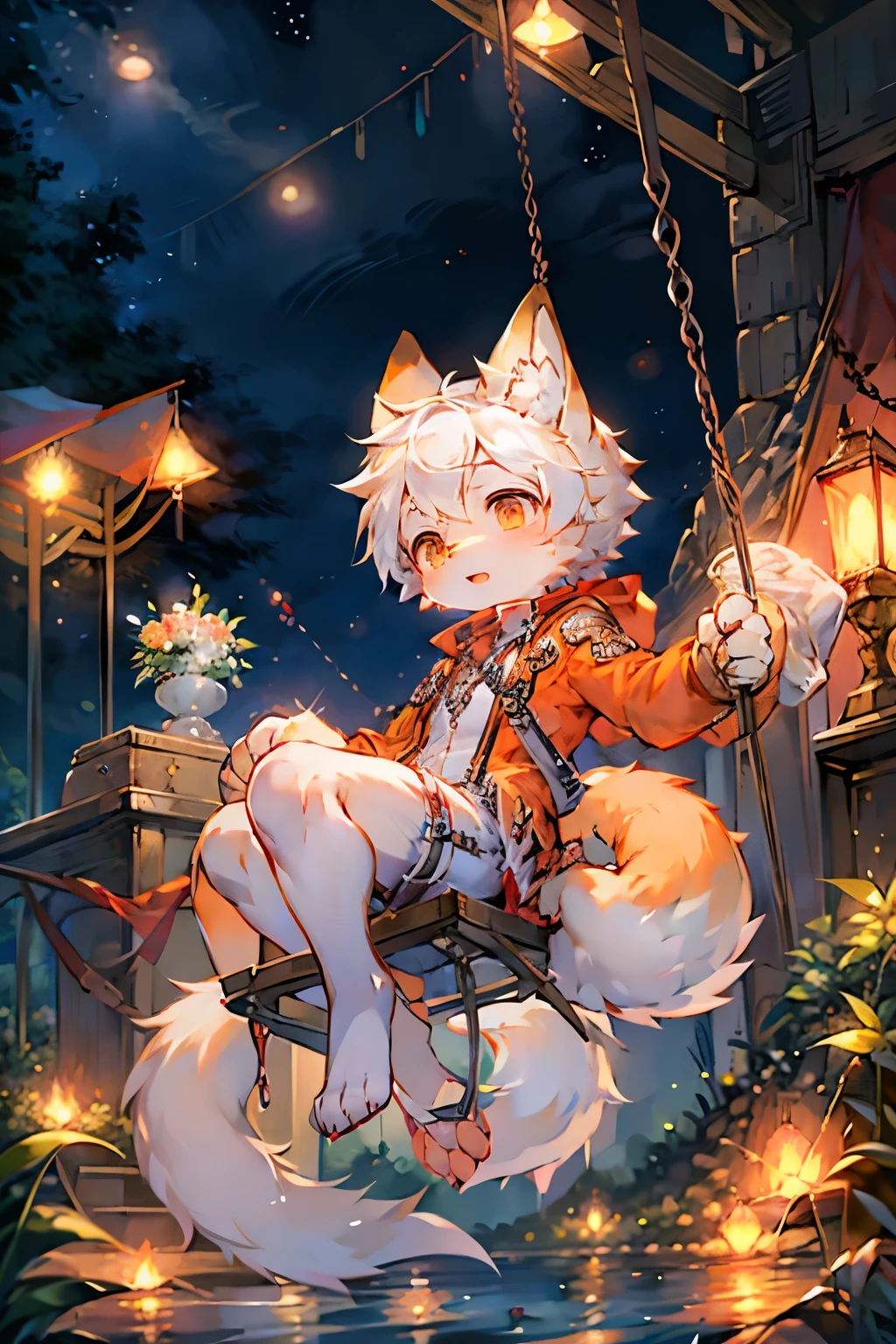 Lakeside bright background，Fox Girl，Furry girls，In and chilracteristics，Orange Skin，White hair，White Arm，Brave Suit，shorts，Swing