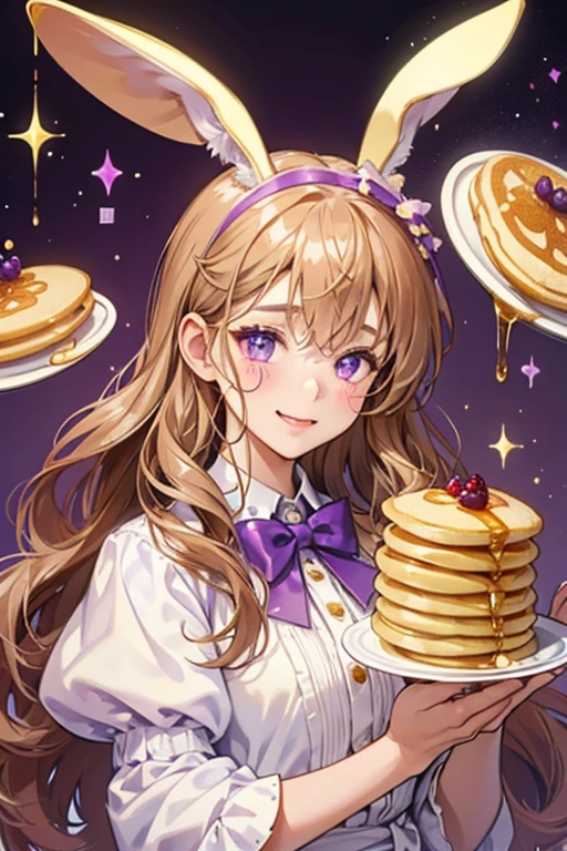 A light golden-brown GIRL stack of pancakes with bunny ears and a melting violet bow. Purple syrup drips down onto her winking face with berries adorning it. SPARKLE; GLITTER