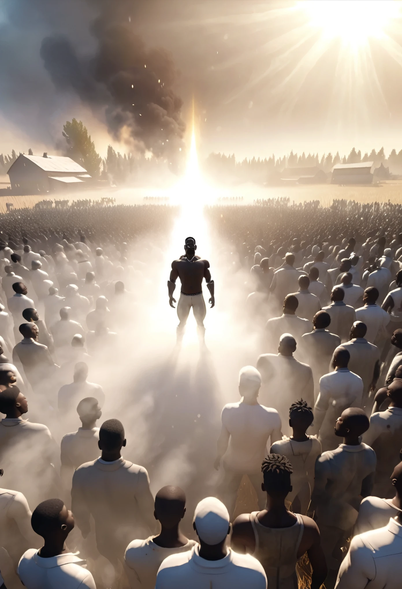 Aerial view shot of large crowd of black people with glowing white eyes looking up at the viewer, eyes shining bright white light, standing in an empty area with ethereal smoke covering the farm, white sun in background shining a light providing a white and light yellow colour grading, 32k, ultra HD, unreal engine rendered, cinematic lighting