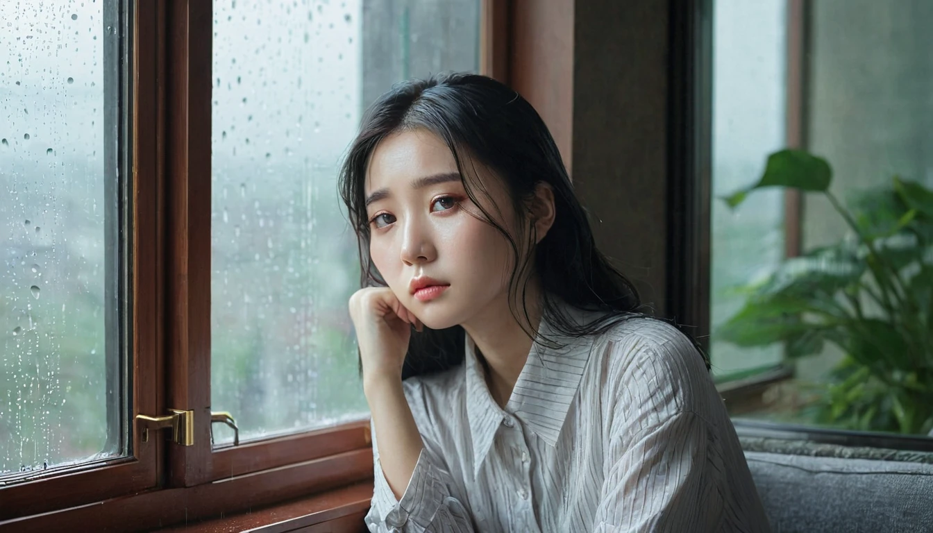 araffe woman, sitting by a window with sad expression on a rainy day Jaeyeon Nam, pianist, female korean idol portrait, Gongbi, xintong chen, Lee Ji-eun, Lee Ji-eun, beautiful south korean woman, Yun Ling, Retrato de Jossi do Blackpink, heonhwa choe, what's on, li zixin