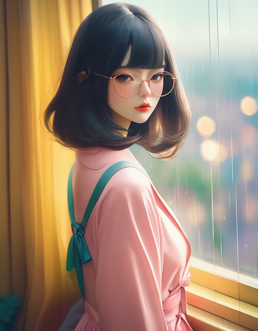 Absurd, High resolution, Highest quality, masterpiece, 4K, 8k, Ultra HD, Realistic, Contemporary photography, Marianna Rosen and the style of Diane Arbus, 1 Japanese girl, sloth, Lovely, Fashionable, Detailed long hair, bangs, View your viewers, Art Deco tinted glasses, Glamorous frame, Geometric pattern, Elegant Design, Pastel color lenses, Wet day, Window Scene, Overcast weather, Reflective Mood, Looking out the window, Calm atmosphere, Vintage, Retro, Complex shading, Depth of written boundary, Film Grain, Real,