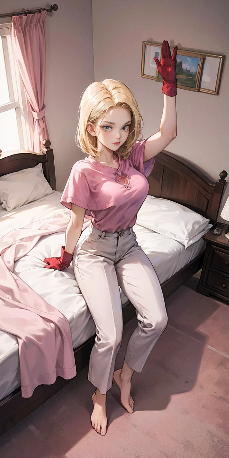 masterpiece, best quality, full body, barefoot, solo, female, big breast, Android 18, pink capelet, pink tunic, white pants, brown gloves, full body, looking at viewer, shy, from above, mansion, room, finely decorated room, pink theme, big breast but cover, 1sologirl sitting on pink bed, arms raised in the air, front view, cute