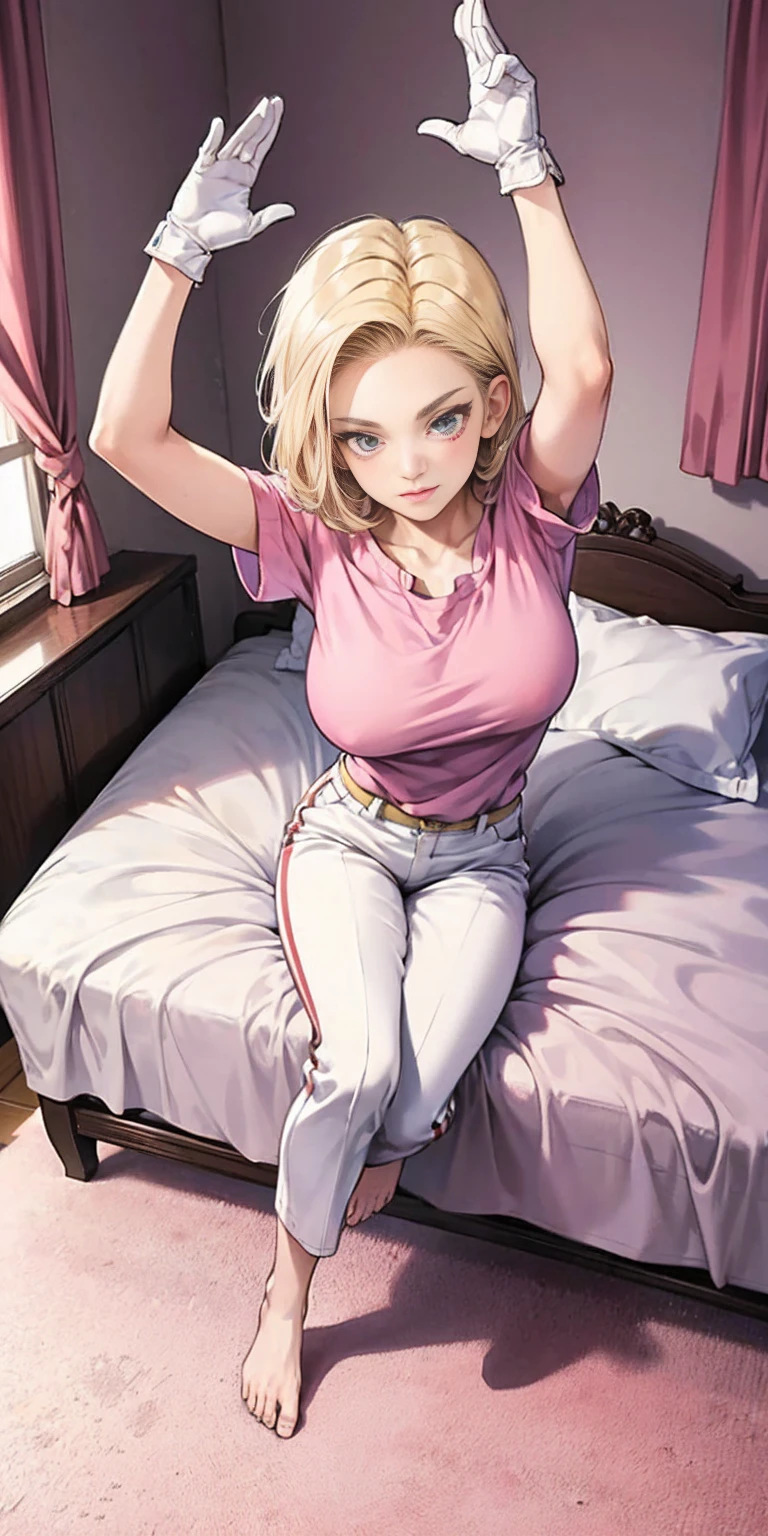 masterpiece, best quality, full body, barefoot, solo, female, big breast, Android 18, pink capelet, pink tunic, white pants, brown gloves, full body, looking at viewer, shy, from above, mansion, room, finely decorated room, pink theme, big breast but cover, 1sologirl sitting on pink bed, arms raised in the air, front view, cute