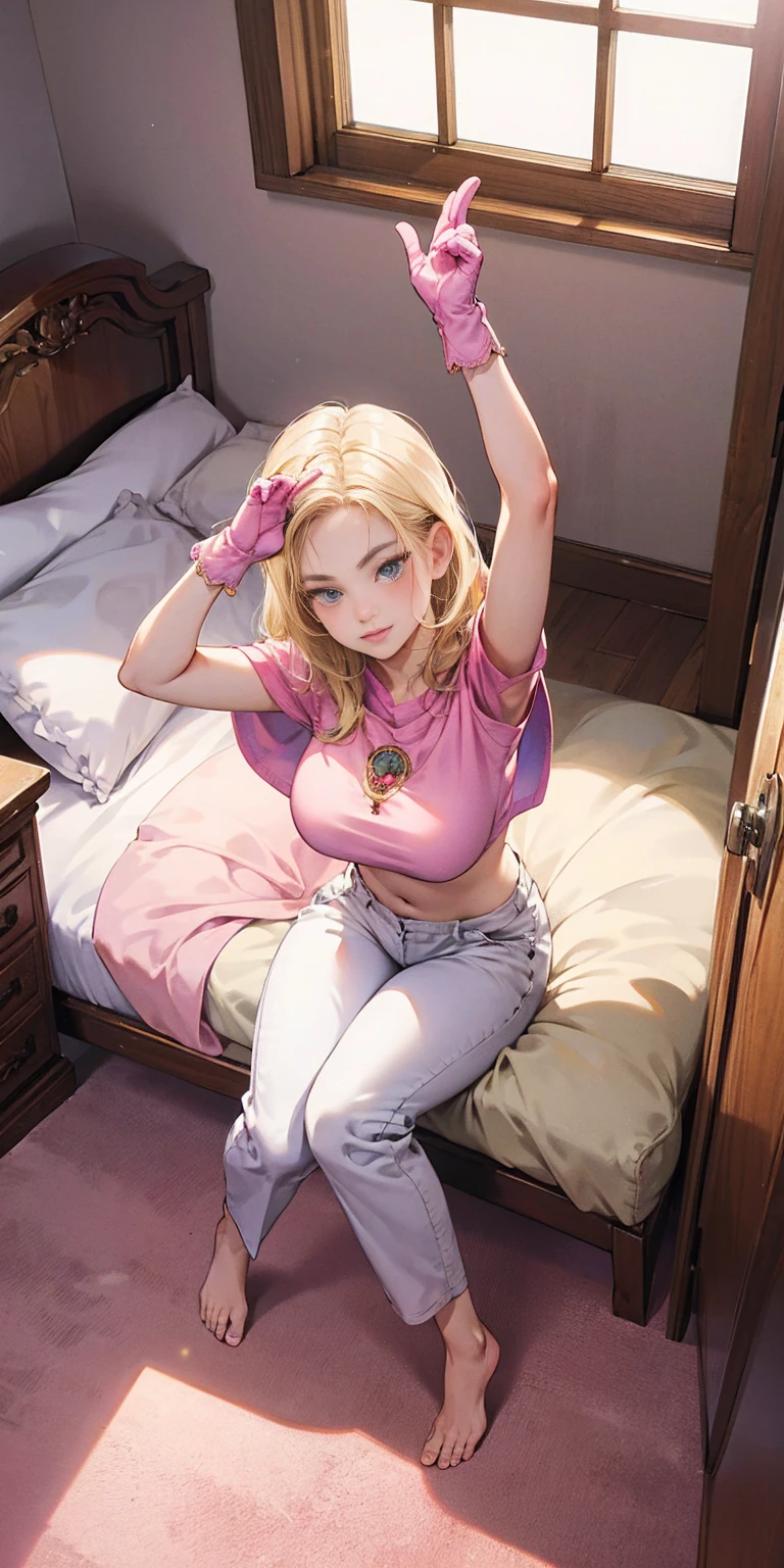 masterpiece, best quality, full body, barefoot, solo, female, big breast, Android 18, pink capelet, pink tunic, white pants, brown gloves, full body, looking at viewer, shy, from above, mansion, room, finely decorated room, pink theme, big breast but cover, 1sologirl sitting on pink bed, arms raised in the air, front view, cute