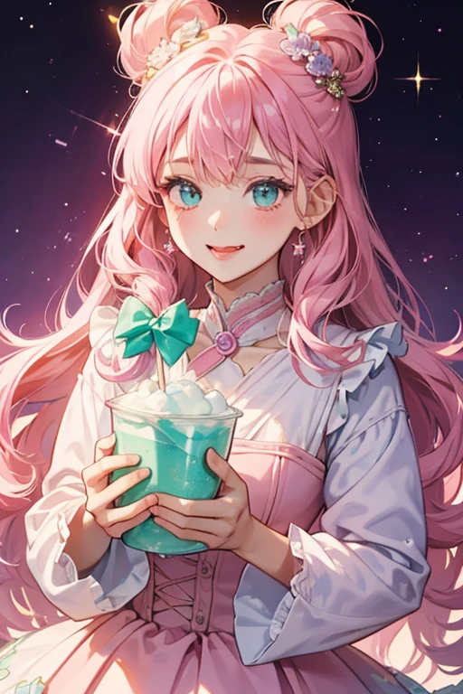A pink GIRL bear shaped like a cup or bowl with a squint-winking face and her tongue sticking out. She has light purple frozen yogurt on top of her head with a small amount curling out to resemble a single bang or forelock, adorned with two mint leaf. SPARKLE; GLITTER