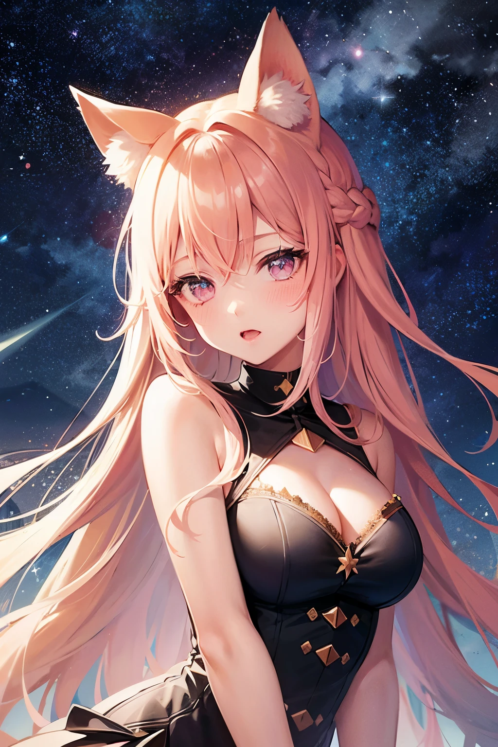 One girl, Long Hair, High resolution, Blushing, Open your mouth, Animal ears, Cat ear, Pink eyes,
(Starry Sky:1.6),Masterpiece,