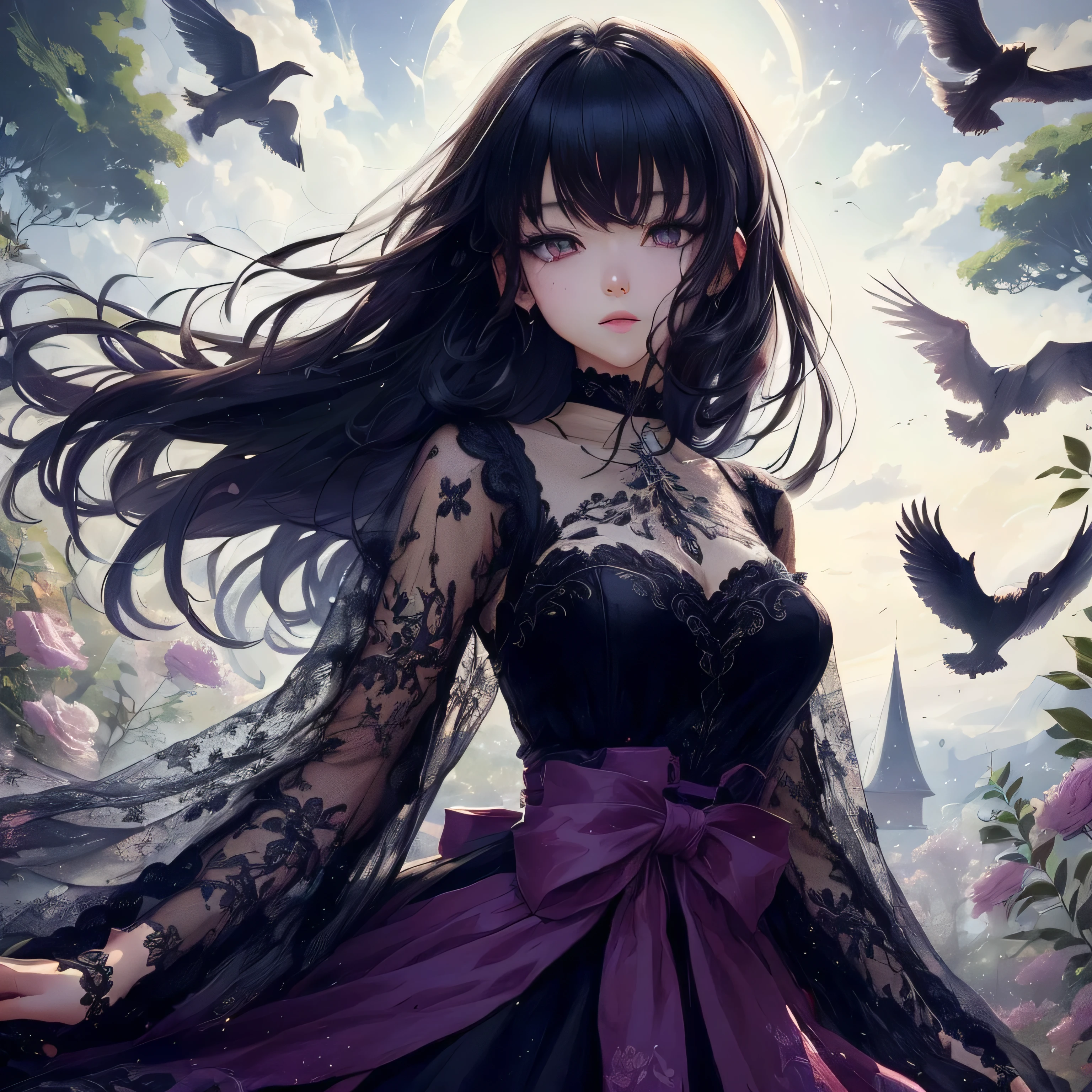 anime girl in a black dress with long black hair, black eyes, majestic eyes, masterpiece