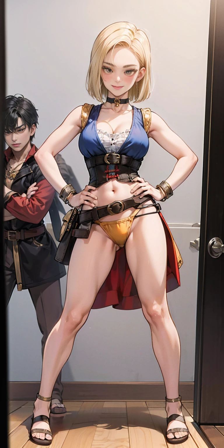 masterpiece, best quality, full body, barefoot, solo, female, big breast, Android 18, yellow bikini, hands on waist, navel, lustful smirking smiling, smile face (red blushed, red cheeks), metal shoulders, gold sleeveless armbands, black leather choker slave collar, shackle bracelets, sex slave red crest, pauldrons, breastplate, corset, eye focus, full body, whole body. 1solo . slave fighter, loincloth standing, hands on hips, metal sandals, backpack, choker, big belt, view from below, feet together, bracers, tiara)
