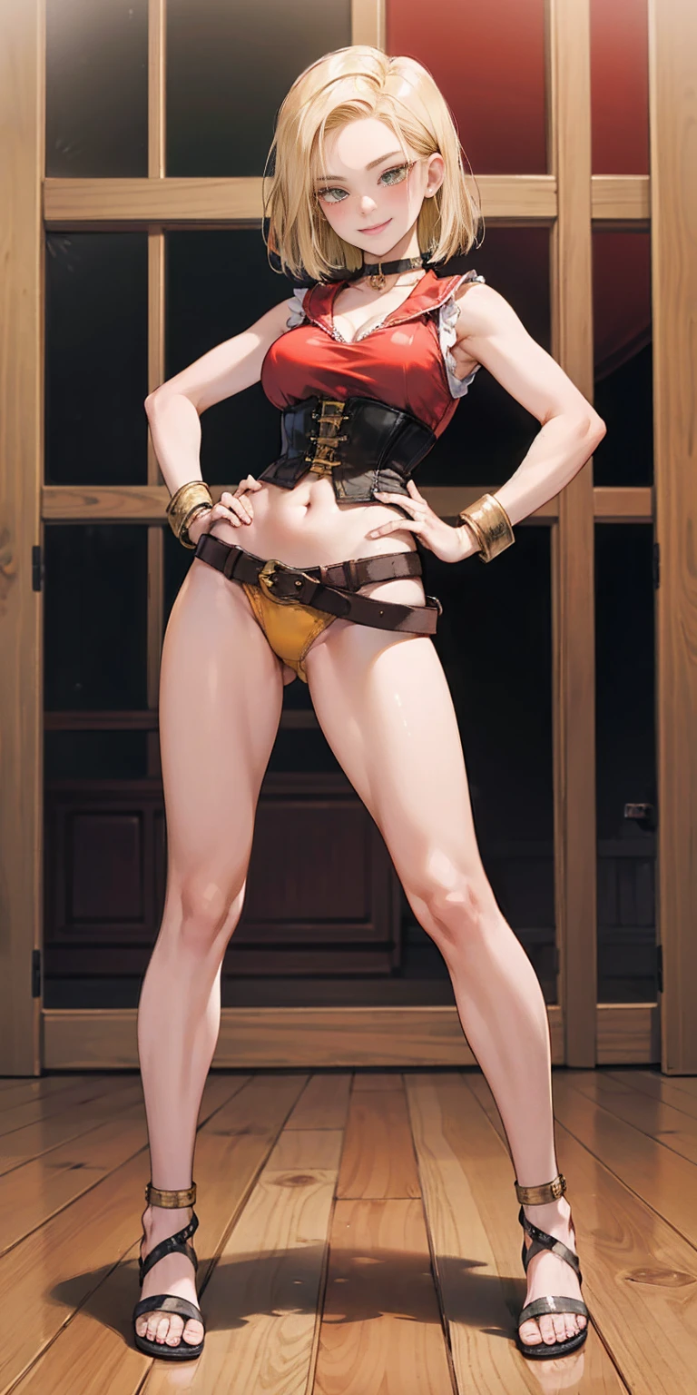 masterpiece, best quality, full body, barefoot, solo, female, big breast, Android 18, yellow bikini, hands on waist, navel, lustful smirking smiling, smile face (red blushed, red cheeks), metal shoulders, gold sleeveless armbands, black leather choker slave collar, shackle bracelets, sex slave red crest, pauldrons, breastplate, corset, eye focus, full body, whole body. 1solo . slave fighter, loincloth standing, hands on hips, metal sandals, backpack, choker, big belt, view from below, feet together, bracers, tiara)