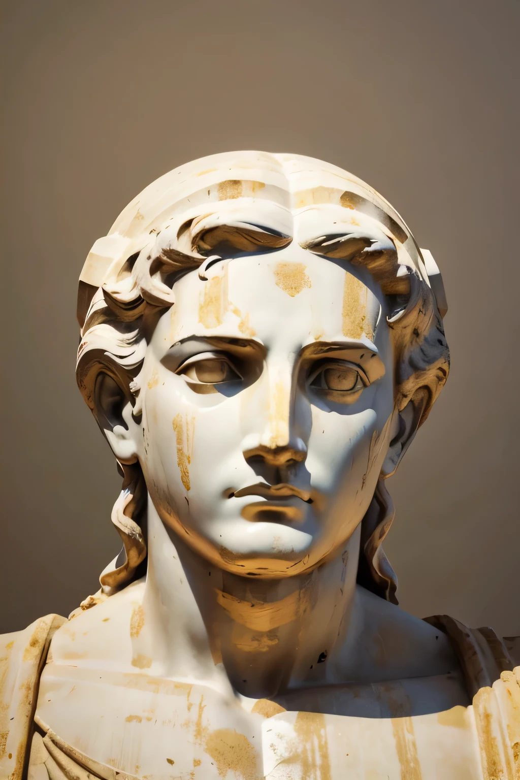 greek statue, with a sad face.