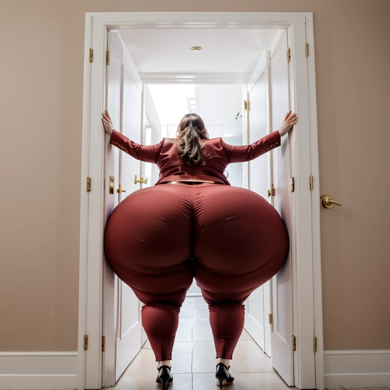 masterpiece, 1girl tall, fat, bottom heavy ssbbw british, 30 year old, behind a doorway, from behind, (doorstuck, stuckback:1.3), big belly, huge wide hips, massive butt,  thick thighs, colorful clothing, wearing a red suit and tie and formal pants, upset, she tries to wiggle her big body through the door, but the door is too small and she is stuck tight, she kicks and swings her legs back and forth in a panic, she is way too big and round to fit through,, she looks behind at the viewer politely asking for some help as she tries to pull herself out with all her might, she swings her hips desperately