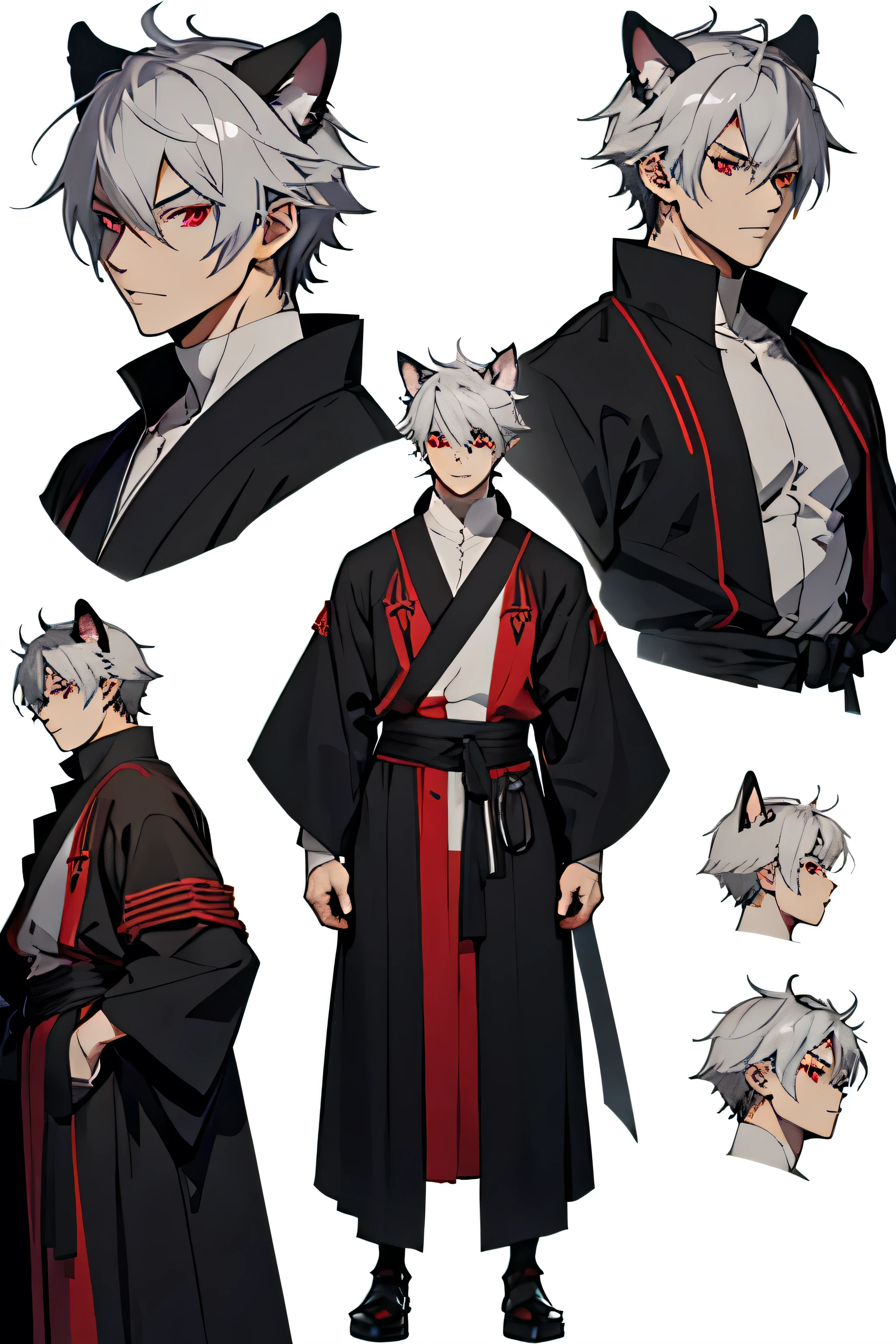 character reference sheet. Showing full head. Anime male with grey hair, red eyes, and black cat ears. neutral face, Wears old robes. Plain white background. 