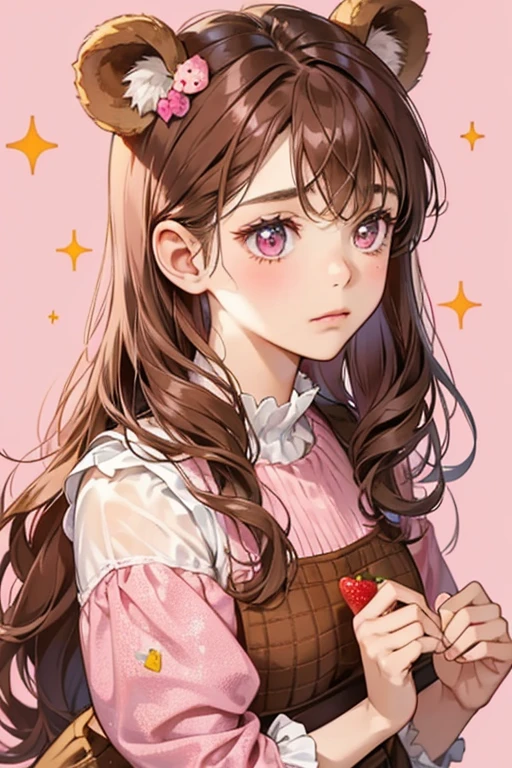 A brown waffle GIRL bear with a sad or tired expression. On top of her head is brown syrup or icing, adorned with five hot pink berries and two pale pink strawberries. SPARKLE; GLITTER