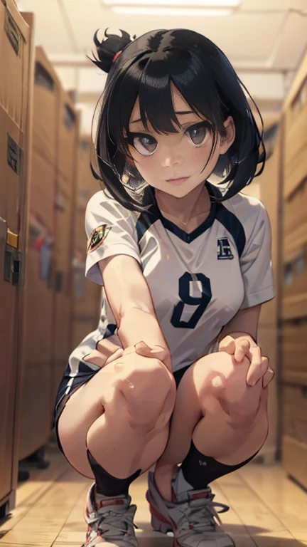 The pieces fly, Highest quality, figure, Very detailed, The finer details, High resolution, 8k,wallpaper, Perfect dynamic composition,(Detailed high quality, Realistic depiction of eyes:1.3), (short hair volleyball player, Volleyball Uniforms), Tight clothing, locker room, (Large Breasts), Black hair color, Big Natural Color Lip, Bold sexy pose, (Perfect figure), Putting on gal makeup, Sexy Face, Harajuku Style、20-year-old girl、Cute type、Lolita、Beautiful feet, Gravure idol pose, Voluptuous thighs, (Crouching, Leg spread)、riho yosioka,