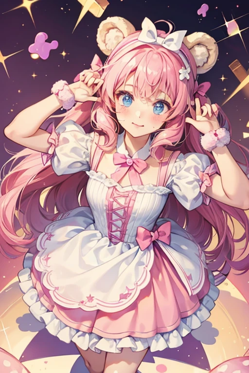 A cinammon roll with GIRL bear ears and a basic expression. She has white icing and a grape-colored bow. SPARKLE; GLITTER