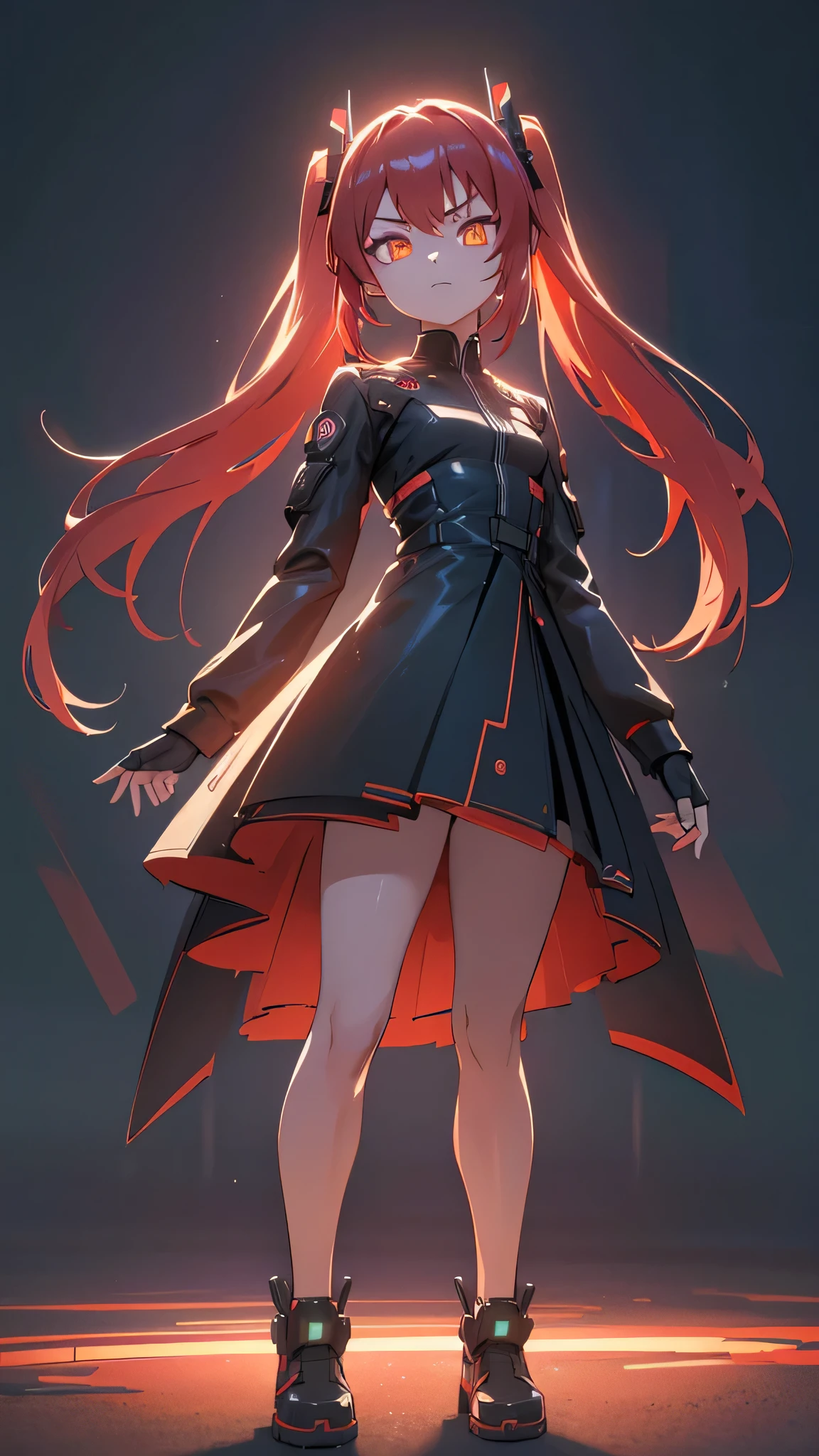 a cyberpunk girl with long twin tails, red hair, delicate orange eyes, dancing flames, disgruntled expression, neon, sci-fi, (best quality,4k,8k,highres,masterpiece:1.2),ultra-detailed,(realistic,photorealistic,photo-realistic:1.37),anime style,vibrant colors,dramatic lighting,intricate details,moody atmosphere,futuristic environment,advanced technology,glowing neon signs,dark shadows,strong contrasta very cute and beautiful chibi anime girl, simple flat background, full body, standing, highly detailed face and eyes, clearly outlined, solo