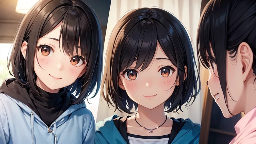 Close-up of the smartphone screen showing Yui's avatar. Yui appears as a friendly, approachable young woman with short, stylish hair and a warm smile. Her design is a balance between realism and anime style. The avatar is surrounded by a soft, glowing aura
