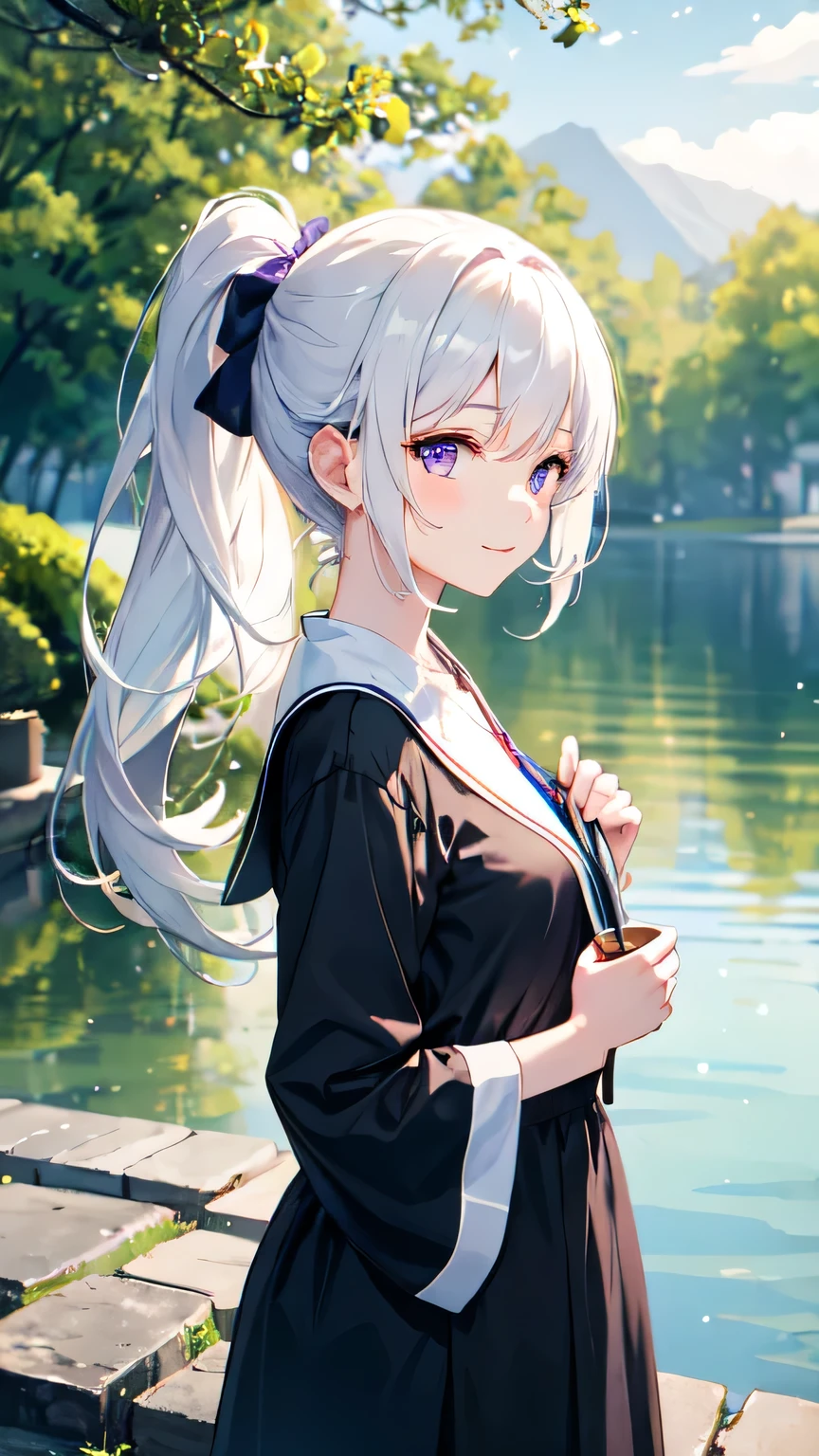 In the clear early morning air、A beautiful girl standing by the lake。White hair tied in a ponytail、Purple eyes shining in the morning sun。She gazed cheerfully at the lake&#39;s surface.、Smiling and taking a deep breath。The sight is as beautiful as a painting.。