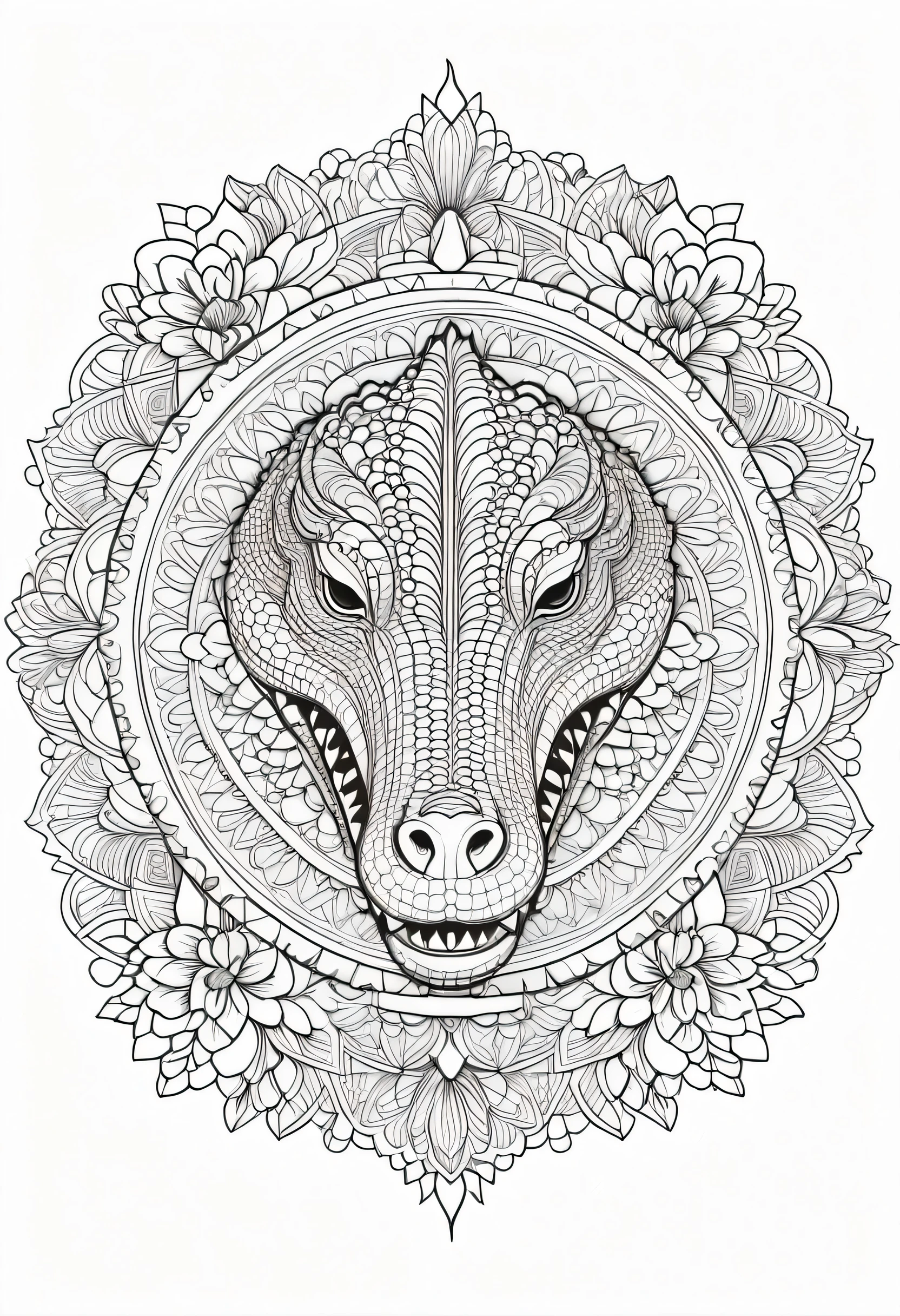 A striking black and white line art coloring page designed for adults with white background, featuring a majestic Crocodile in a mandala-inspired style. The Crocodile is adorned with intricate patterns that include floral and geometric designs, making it an engaging and detailed work of art. The illustration focuses on crisp, clean lines and bold outlines, without any shading or color, allowing the user to bring their own vibrancy to the piece. The minimalistic design, with its thick lines and absence of background details, creates a soothing coloring experience for adults seeking calming and creative activities. illustration