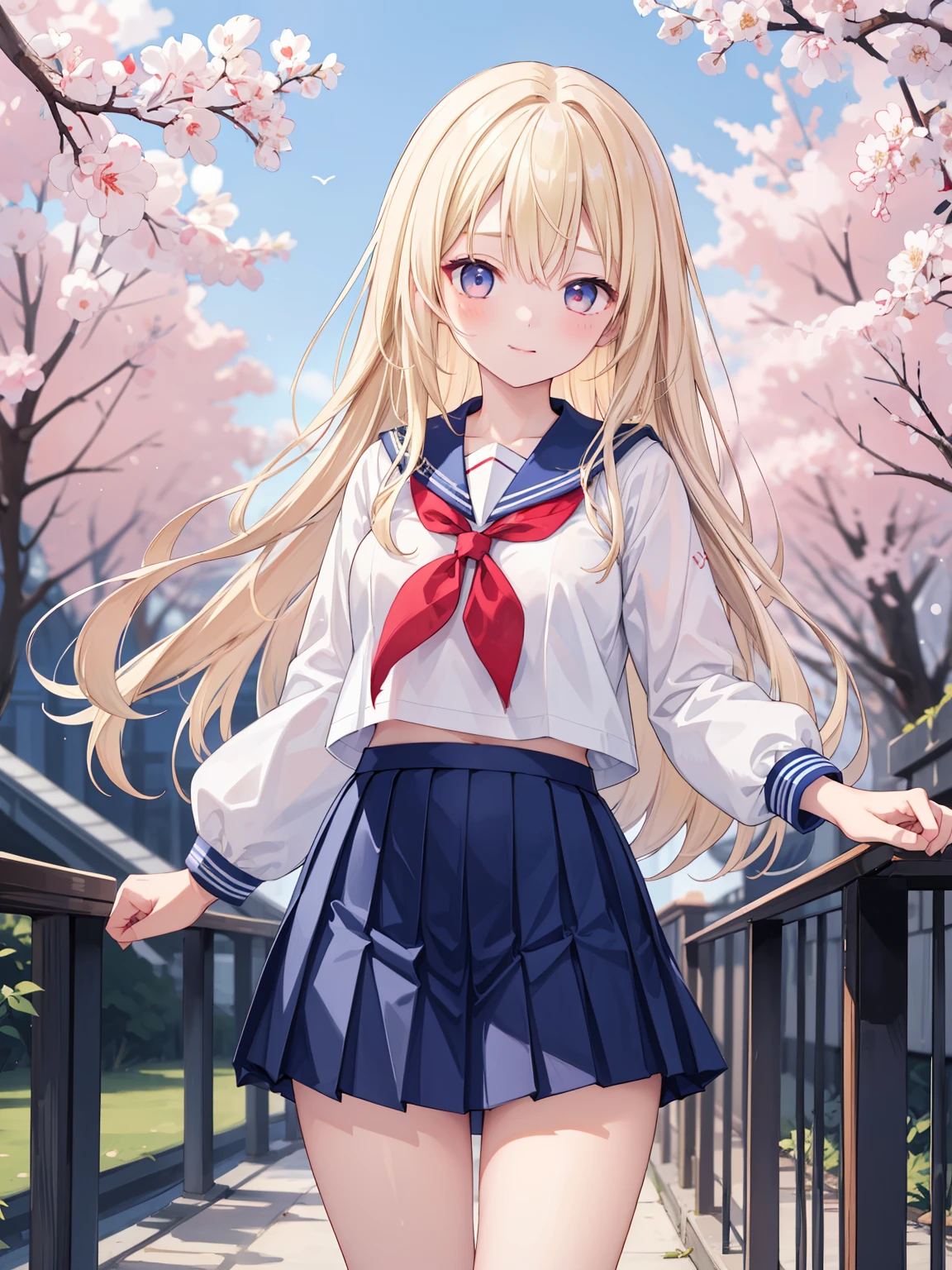Masterpiece, hd, realistic, 1girl, 18 y.o, blonde hair, long hair,  serafuku, sailor_uniform, white_uniform, blue pleated skirt, red sailor collar, standing, park