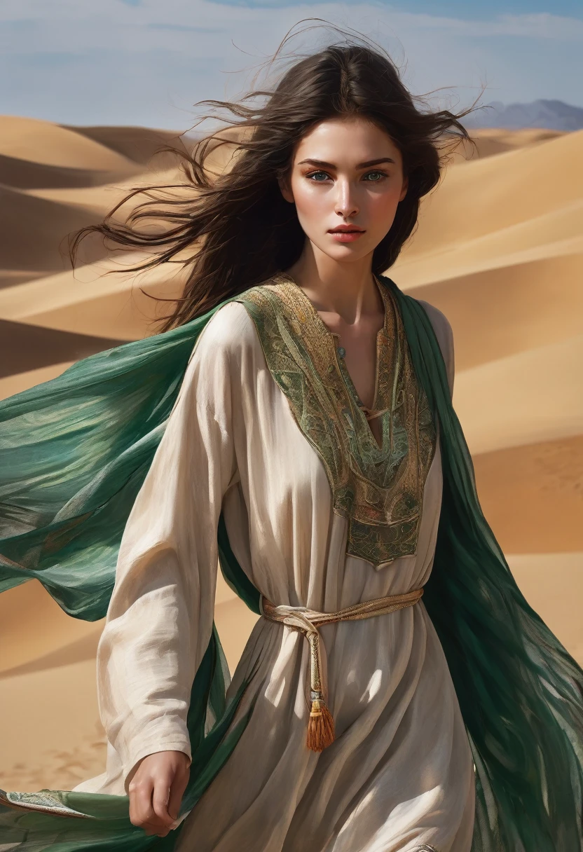 19 year old girl , high, slim, , long , dark copper hair blowing in the wind, subtle freckles, green eyes, walks through the desert towards the viewer, dressed in loose flowing embroidered clothes, which gradually turn into sand and are carried by the wind, masterpiece, high детализация, high quality, a high resolution, complex parts, Small parts, Correct anatomy, The right face, Beautiful face, Golden ratio, acrylic paint, airbrush, soft light