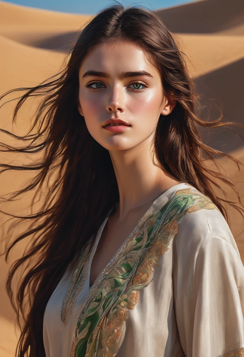 19 year old girl , high, slim, , long , dark copper hair blowing in the wind, subtle freckles, green eyes, walks through the desert towards the viewer, dressed in loose flowing embroidered clothes, which gradually turn into sand and are carried by the wind, masterpiece, high детализация, high quality, a high resolution, complex parts, Small parts, Correct anatomy, The right face, Beautiful face, Golden ratio, acrylic paint, airbrush, soft light