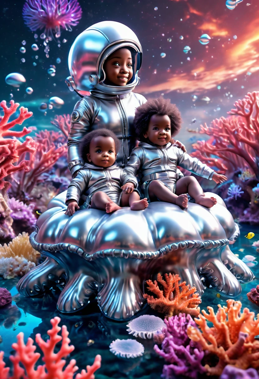 Wide angle shot of happy black babies dressed in silver clothes and sitting on top of floating giant jelly fish, in outer space surrounded by beautiful vibrant coral reefs with water ripples, the scene providing a beautiful and vibrant cinematic look, ultra HD, hyper-realistic images, 32k, beautiful and vibrant images.