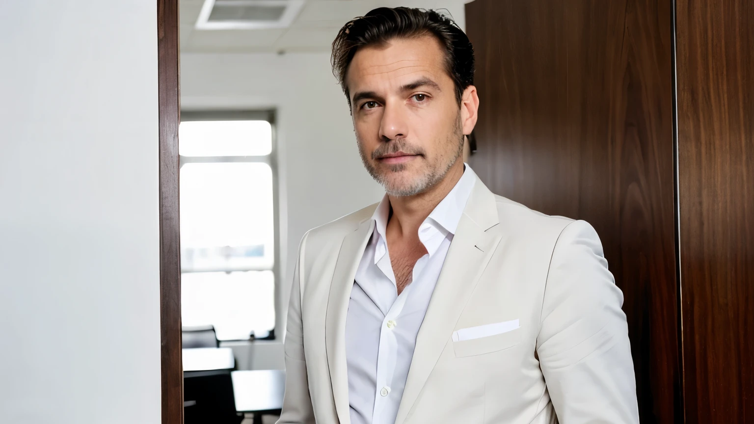 ((best qualityer)), ((work of art)), (detailded), Matteo 1235338223 in the Office:
"Create an image of a man named Matteo, 50 years old, in your office. Matteo has white, well-groomed hair, and is dressed in an elegant suit. The office is modern, with dark wood furniture and a photo wall. Matteo is at the office door, talking to Arturo, who is peering at the wall behind him. The atmosphere is formal and well organized."