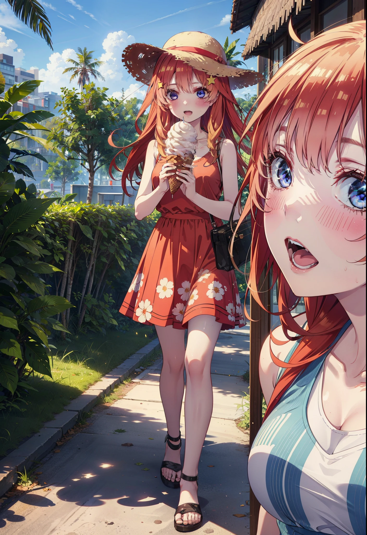 itsukinakano, Itsuki Nakano, bangs, blue eyes, Long Hair,Hair between the eyes, Ahoge, Redhead, star \(symbol\), hair ornaments, star hair ornaments,Straw hat,Red sleeveless dress,mini skirt,Heeled Sandals,Walking,smile,blush,Open your mouth,Eating ice cream,Holding ice cream in one hand,whole bodyがイラストに入るように,Palm tree,True Summer,Clear skies,
break outdoors,Tropical Coastline,
break looking at viewer,whole body ,
break (masterpiece:1.2), Highest quality, High resolution, unity 8k wallpaper, (figure:0.8), (Beautiful attention to detail:1.6), Highly detailed face, Perfect lighting, Highly detailed CG, (Perfect hands, Perfect Anatomy),