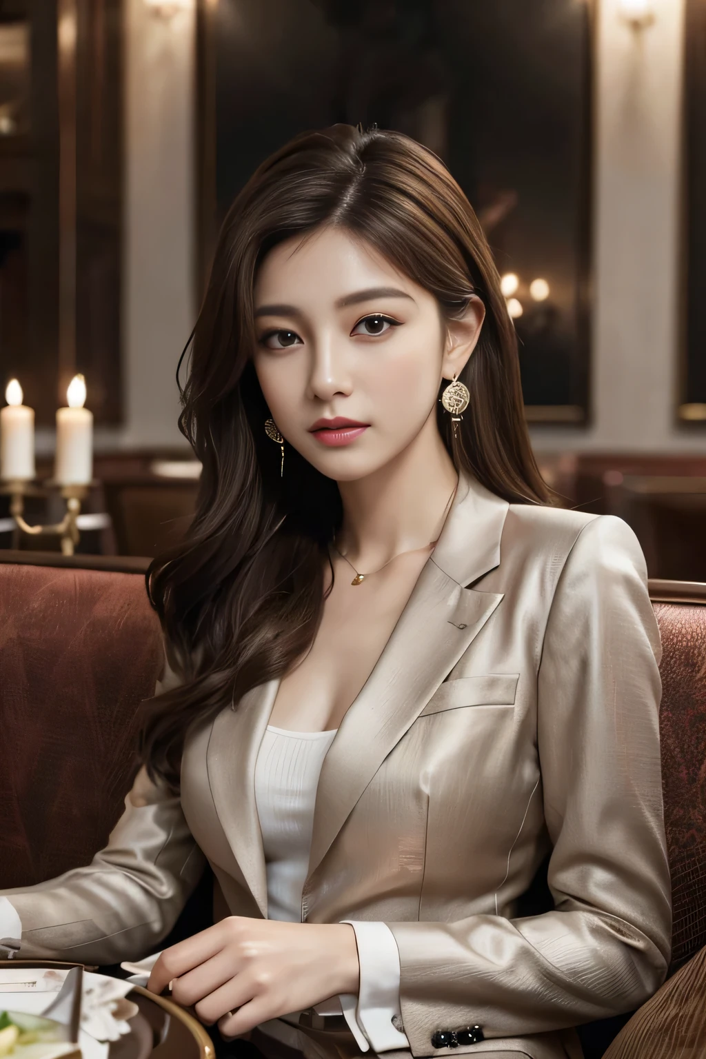 masterpiece, Highest quality, Realistic, Very detailed, Finer details, High resolution, 8k wallpaper, One beautiful woman, Wear a nice suit, In a great restaurant, At night, Light brown messy hair, Perfect dynamic composition, Beautiful and beautiful eyes、Big earrings、Sit on the sofa、