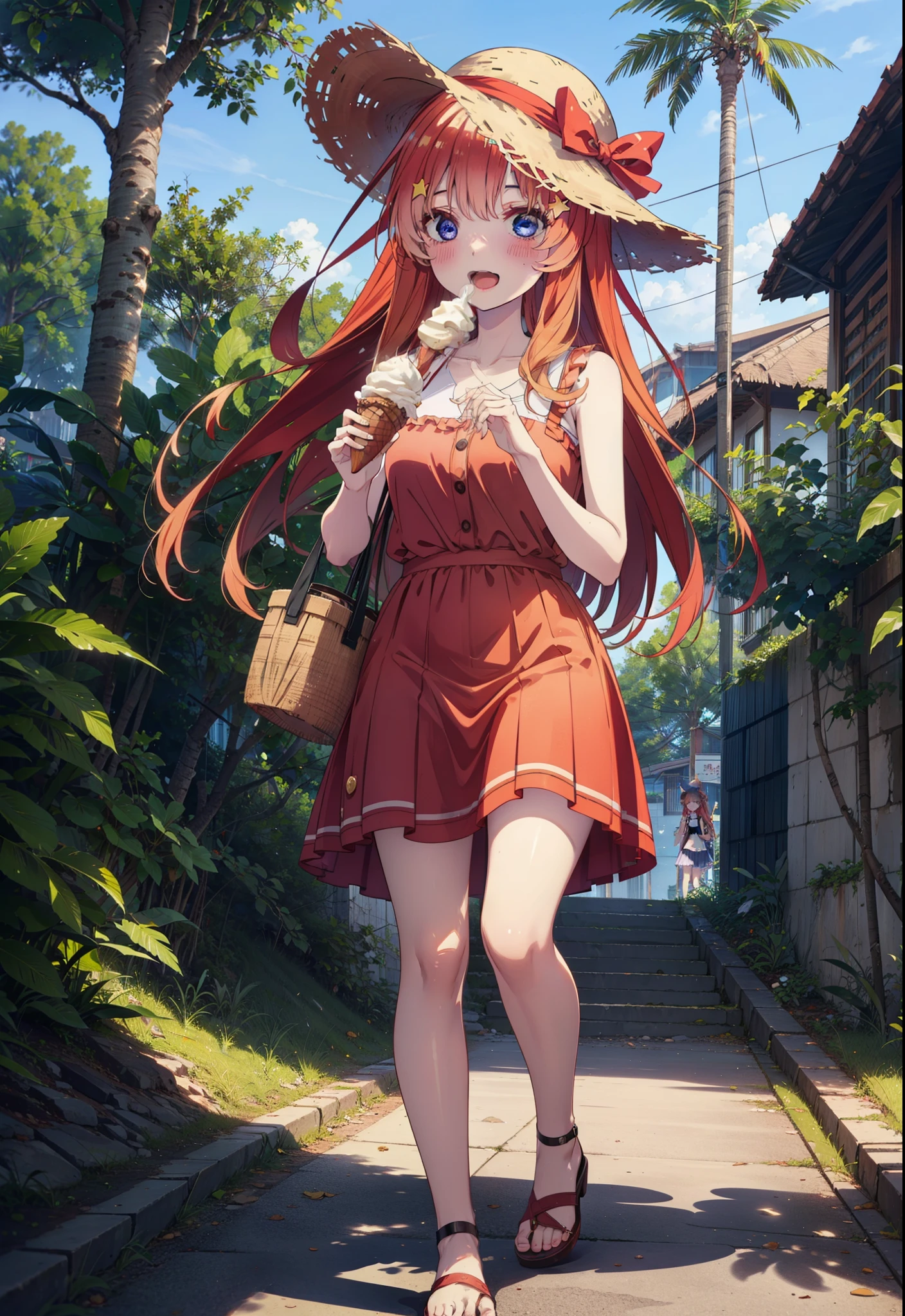 itsukinakano, Itsuki Nakano, bangs, blue eyes, Long Hair,Hair between the eyes, Ahoge, Redhead, star \(symbol\), hair ornaments, star hair ornaments,Straw hat,Red sleeveless dress,mini skirt,Heeled Sandals,Walking,smile,blush,Open your mouth,Eating ice cream,Holding ice cream in one hand,whole bodyがイラストに入るように,Palm tree,True Summer,Clear skies,
break outdoors,Tropical Coastline,
break looking at viewer,whole body ,
break (masterpiece:1.2), Highest quality, High resolution, unity 8k wallpaper, (figure:0.8), (Beautiful attention to detail:1.6), Highly detailed face, Perfect lighting, Highly detailed CG, (Perfect hands, Perfect Anatomy),