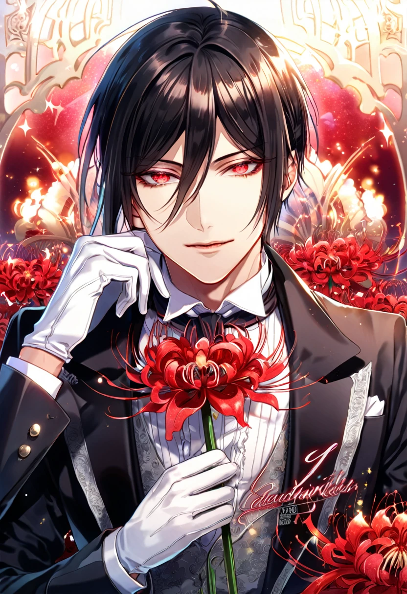absurdres, highres, ultra detailed, HDR, master piece, best quality, extremely detailed, Sebastian Michaelis, black hair, expressive red eyes, Kuroshitsuji, solo, sexy man, handsome, sensual, black butler clothes, white gloves, fantasy, red blood water, sparkling, red glittering fireflies, red moon, red blossoms, red spider lilies, red sparkling lights, starry sky, magical