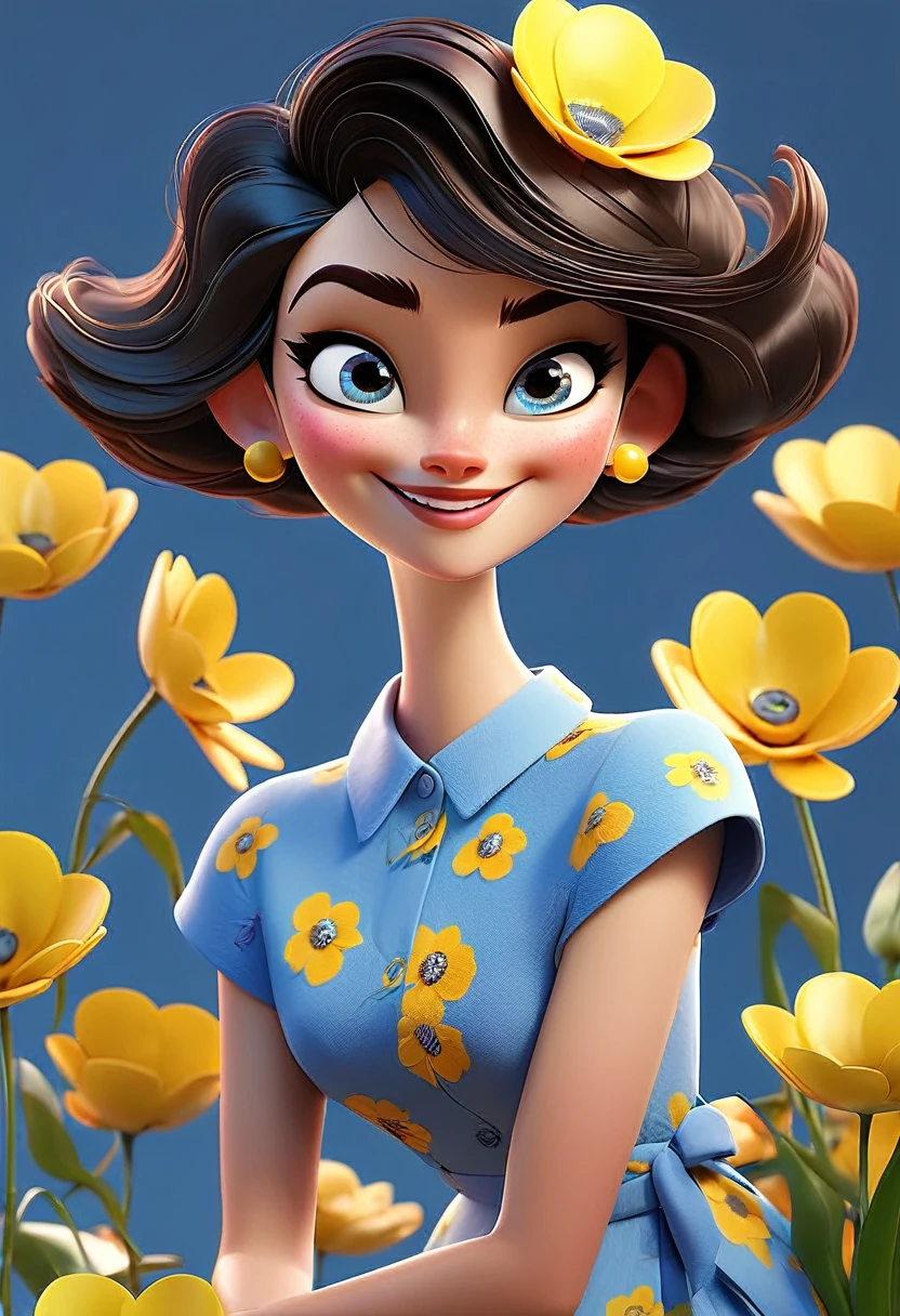 create a 3d illustration, model realisitic, exuberant, woman sofisticaded, really short hair, luxury, realisitic, vivid blue eyes, ninth time, Pixar-style, fashionable,smiling, happy face, yellow flower dress, vivid blue short cut hair, Search for the camera, White background, Photo of the center, super HD
