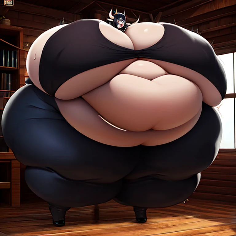 Anthropomorphic cow woman, bovine, cow girl, a goth woman, (dark brown fur), black spots, cow face, a tall and curvy figure, highres, and a hyper massive voluptuous body. She has large thick fat breasts, (gigantic breasts,  1.5), she has thick breasts, an extremely thick giant fat enormous sexy huge humongous gigantic ass, thick figure. The woman has cute short dark black hair, detailed eyes, blue eyes, and is wearing cute glasses. She has a seductive expression, ahegao expression, moaning, lust face. The woman is wearing a large black sweater and gray leggings, wearing a spiked choker, wearing black makeup, (black eye shadow), and has cow horns, a long cow tail, {(cow tail)}, (tail), (huge udders). She is standing in her bedroom, holding her belly, sweating, moaning, and gaining weight, with a sexy fat body. ((obese, fat, excess fat)), (morbidly obese body:1.5) (fat neck and chin). (Very large thighs) (((Colossal thighs, massive thighs, very large thighs))), full body, masterpiece, (NSFW), (exaggerated proportions), (hentai), (perfect anatomy), ((detailed manga illustration)), (detailed face), (4k wallpaper), (best quality,4k,8k,highres,masterpiece:1.2),ultra-detailed,(realistic,photorealistic,photo-realistic:1.37),HDR,UHD,studio lighting,ultra-fine painting,sharp focus,physically-based rendering,extreme detail description,professional,vivid colors,bokeh,portraits,goth, fantasy