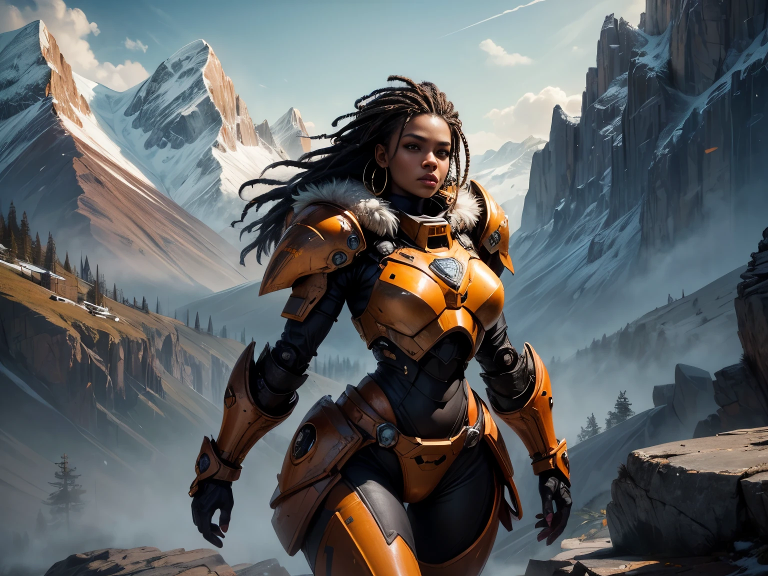 African woman with dark skin, dread locks, (black hair), pretty face, hoop earrings. (orange high tech power armor:1.2), (orange heavy armor), (orange power armor), (fur trim), visible wires, seam lines, orange shoulder pads, large shoulder pads, round shoulder pads, rivets, chipped paint. (loin cloth), (fur trim), fur cuffs, (bare hips, bare thighs). Background: wind swept mountain, blowing snow, rocky cliff, valley below