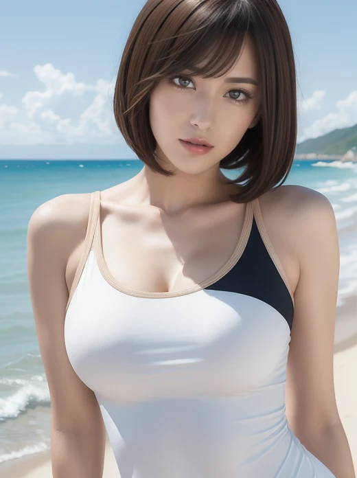 Japanese Girls,(Highly detailed skin),curvy,,Beautiful big breasts,(Big Breasts),Pale skin,Pointed Chest,Erect nipples,(Fantasy art,Best image quality,Hyperrealist portrait,(8k),ultra-realistic,最high quality, high quality, High resolution, high quality texture,Attention to detail,Beautiful details,detailed,Extremely detailed CG,detailed Texture,Realistic facial expressions,masterpiece,in front,dynamic,bold),Beautiful and mature short hair,A rounded bob hairstyle that follows the lines of the face、(Very soft hair),(Super Straight Hair:1.5), sleek bangs,Very light coppery amber hair,Hair on one eye、Wearing a beach volleyball uniform、Her clothes fit her body perfectly......、The lines of the body look beautiful、At the Beach、Sleeping on your stomach、whole bodyを描く、whole body