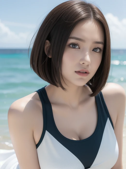 Japanese Girls,(Highly detailed skin),curvy,,Beautiful big breasts,(Big Breasts),Pale skin,Pointed Chest,Erect nipples,(Fantasy art,Best image quality,Hyperrealist portrait,(8k),ultra-realistic,最high quality, high quality, High resolution, high quality texture,Attention to detail,Beautiful details,detailed,Extremely detailed CG,detailed Texture,Realistic facial expressions,masterpiece,in front,dynamic,bold),Beautiful and mature short hair,A rounded bob hairstyle that follows the lines of the face、(Very soft hair),(Super Straight Hair:1.5), sleek bangs,Very light coppery amber hair,Hair on one eye、Wearing a beach volleyball uniform、Her clothes fit her body perfectly......、The lines of the body look beautiful、At the Beach、Sleeping on your stomach、whole bodyを描く、whole body