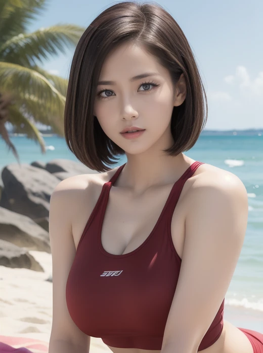 Japanese Girls,(Highly detailed skin),curvy,,Beautiful big breasts,(Big Breasts),Pale skin,Pointed Chest,Erect nipples,(Fantasy art,Best image quality,Hyperrealist portrait,(8k),ultra-realistic,最high quality, high quality, High resolution, high quality texture,Attention to detail,Beautiful details,detailed,Extremely detailed CG,detailed Texture,Realistic facial expressions,masterpiece,in front,dynamic,bold),Beautiful and mature short hair,A rounded bob hairstyle that follows the lines of the face、(Very soft hair),(Super Straight Hair:1.5), sleek bangs,Very light coppery amber hair,Hair on one eye、Wearing a beach volleyball uniform、Her clothes fit her body perfectly......、The lines of the body look beautiful、At the Beach、Sleeping on your stomach、whole bodyを描く、whole body