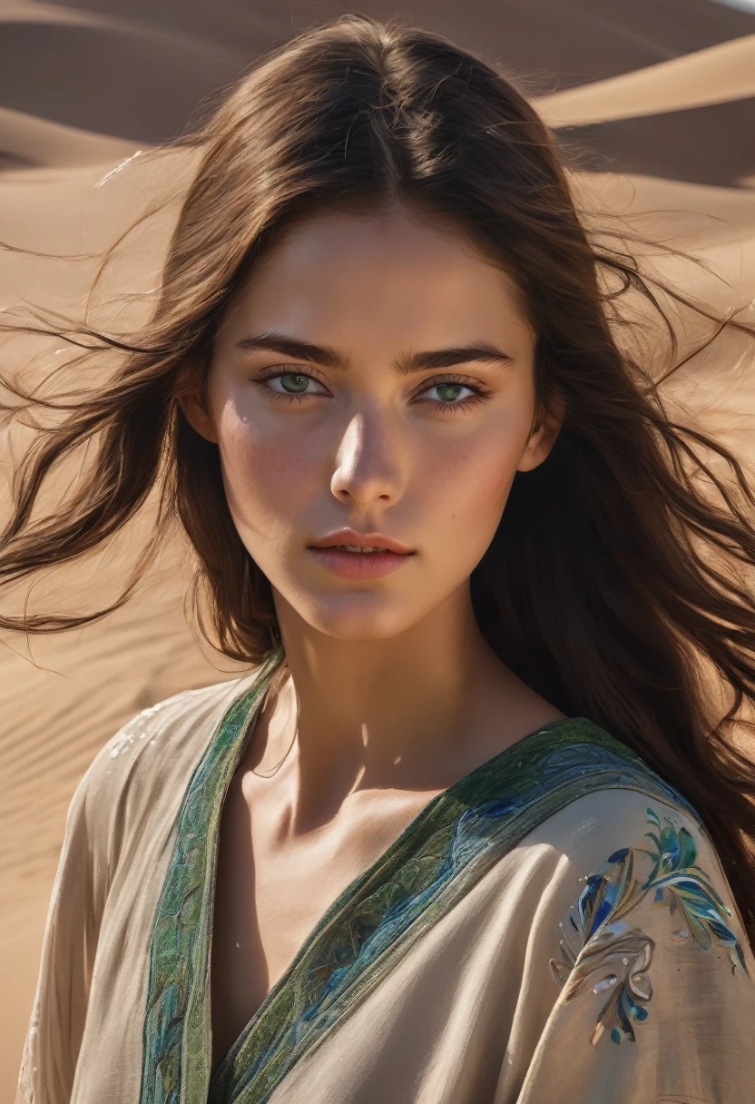 19 year old girl , high, slim, , long , dark copper hair blowing in the wind, subtle freckles, green eyes, walks through the desert towards the viewer, dressed in loose flowing embroidered clothes, which gradually turn into sand and are carried by the wind, masterpiece, high детализация, high quality, a high resolution, complex parts, Small parts, Correct anatomy, The right face, Beautiful face, Golden ratio, acrylic paint, airbrush, soft light